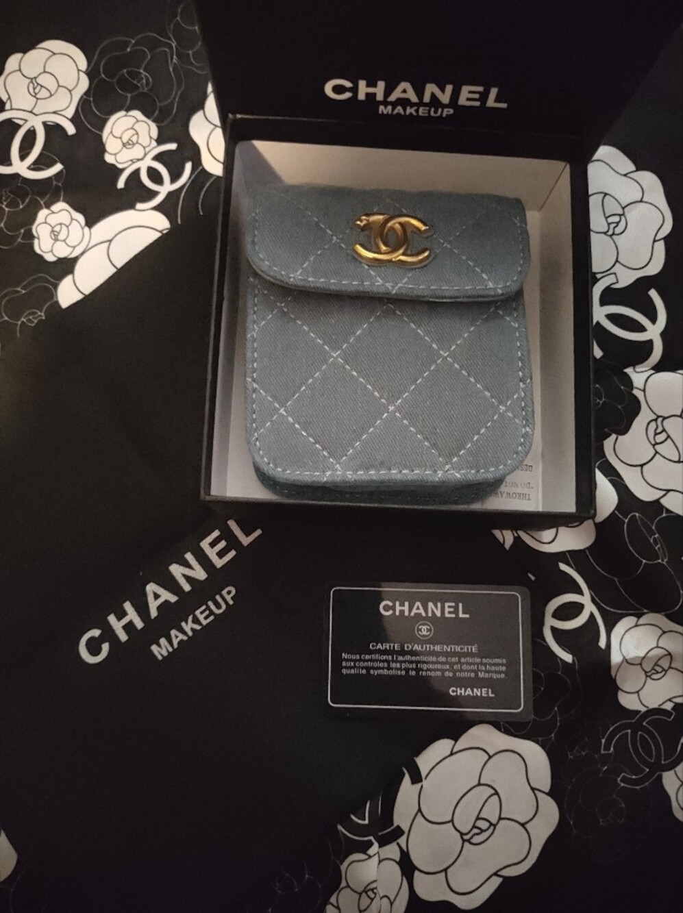 Quilted Novelty Denim Mini Crossbody in Faded Blue with Gold Hardware - Picture 6 of 7